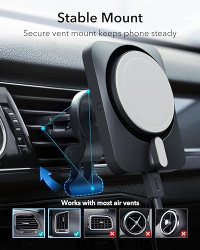Revolutionize Your Drive with the ESR 15 W Mag Safe Car Mount Charger – Fast Wireless Charging for i Phone 12-16, Featuring Cryo Boost for Optimal Cooling, Apple-Certified Magnetic Phone Charger for Effortless Compatibility and Enhanced Performance on the Go