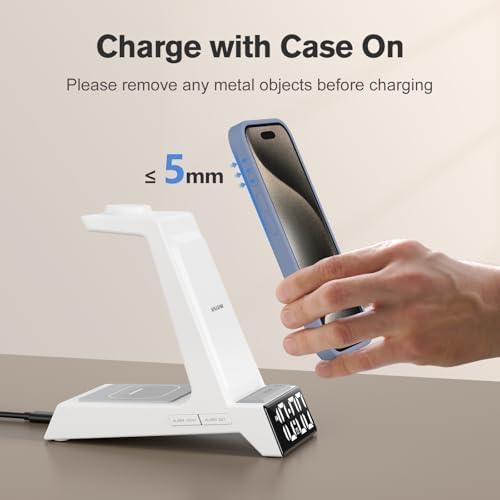 Revolutionary 3-in-1 Wireless Charging Station with LED Alarm Clock – Simultaneous Charging for i Phone 16-11 Pro Max, Apple Watch Series 10-5, and Air Pods Pro 4-2 – Space-Saving Nightstand Dock with Adjustable Brightness, Phone Case Compatibility, and Enhanced Safety Features – Perfect for Home, Office, and Travel