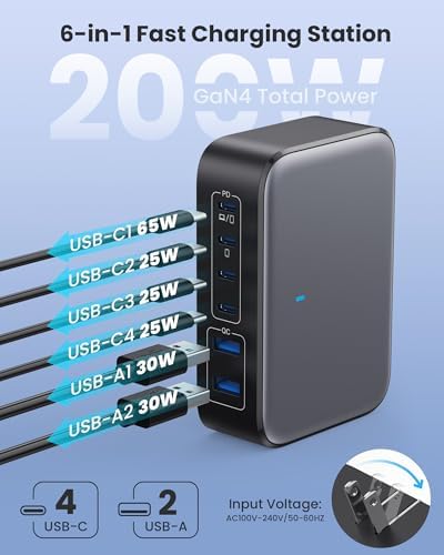 200 W Ga N IV USB-C Charging Hub: 8-Port Fast Charging Station with PD 65 W for Laptops, i Phones, i Pads, and Steam Deck – Compact & Efficient Power Adapter in Striking Red for Ultimate Device Versatility