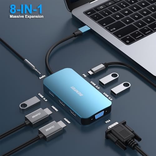 Maximize Your Productivity with the BENFEI 8-in-1 USB C Docking Station: Triple Display Hub Featuring Dual HDMI, VGA, 3 USB 3.0 Ports & 100 W Power Delivery for Effortless Mac Book Pro & XPS Connectivity