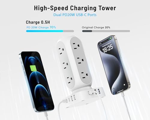 Revolutionize Your Charging Setup with the Flat Plug Power Strip Tower – 10 FT Extension Cord, 40 W Fast Charging Station Featuring 12 AC Outlets and 8 USB Ports (4 USB-C) for Ultimate Device Connectivity and Safety in Home, Office, or Dorm Room