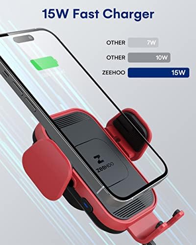 Zee Hoo 15 W Fast Wireless Car Charger with Auto-Clamping Phone Holder – Effortless One-Handed Operation for i Phone 15/14/13/12/11 Pro Max, Qi-Enabled Charging Mount in Sleek Black for Optimal Driving Convenience and Seamless Integration