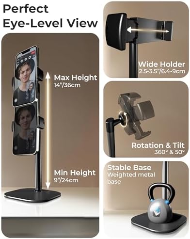Cooper ChatStand Adjustable Cell Phone Stand for Desk & Video Recording, Rotating Cell Phone Holder for Desk for All iPhone, Samsung, Android, 9-14″ Face-Level Metal Desktop Tripod (Frost White) – Enhanced Compatibility and Speed