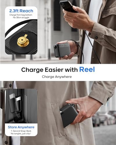 Compact 10,000 m Ah USB-C Power Bank with Retractable Cable – Fast Charging Dual Output Battery Pack for Android Devices, TSA-Compliant Travel Charger with Built-In Safety Features and Convenient Carry Loop for On-the-Go Power
