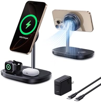 Baseus 3-in-1 Wireless Charger Stand – Qi2 Certified 15 W Fast Charging Station for i Phone 12-15, Apple Watch & Air Pods with 45 W Adapter – Stylish and Efficient Magnetic Charging Solution with Cooling Technology
