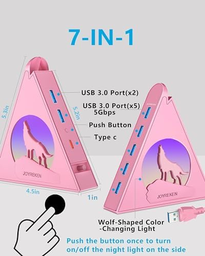 Elevate Your Connectivity Game with the Joy Reken 7-Port USB 3.0 Hub – High-Speed Data Transfer, Vertical Design with RGB Lighting, Ideal for PC, Mac, Laptop, PS5, Xbox, and More – 5 Gbps Performance with 2 FT Extension Cable for Optimal Placement and Style