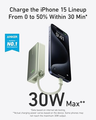 Anker Nano 10,000 m Ah Portable Charger – Ultra-Compact Power Bank with Integrated USB-C Cable for Fast Charging – 30 W Output for i Phone 16/15, Mac Book, Galaxy, Air Pods, and More – Eco-Friendly Design for On-the-Go Professionals