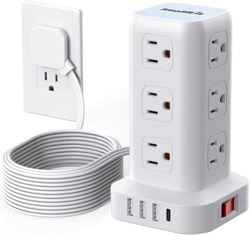 Revolutionize Your Workspace with the Ultra-Thin Surge Protector Power Strip Tower – 10 FT Flat Plug Extension Cord and 1 USB-C Port for Fast Charging, 1020 Joules of Device Protection, Perfect Desk Charging Station for Office and Dorm Room Essentials