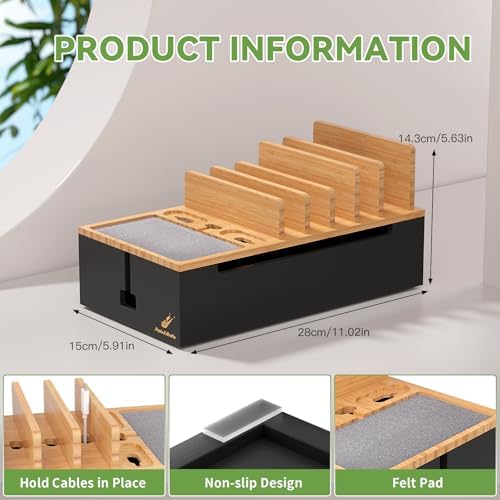 Pezin & Hulin Eco-Friendly Bamboo Cable Management Box – Sleek Desktop Organizer with 6 Cables for Tidy Charging Station, Stylish Wire Organizer for Electronic Devices, Enhances Workspace Efficiency and Aesthetics