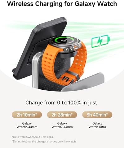 Swan Scout 901 S 5-in-1 Wireless Charging Station for Samsung & More – Ultra-Fast 60 W Multi-Device Charger for Galaxy S25/S24/S23/S22, Galaxy Watch Ultra/7/6/5/4, Galaxy Tab Series, and Wireless Earbuds – Elegant Design with Secure Anti-Slip Placement and Independent 20 W USB-C/A Outputs for Home or Office Use