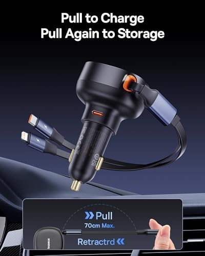Baseus 33 W Retractable Dual USB-C Car Charger – Fast Charge Your Samsung Galaxy & Tablets on the Go, Sleek Black Design, Compact & Portable, Enhanced Safety Features for Effortless Travel Power Solutions