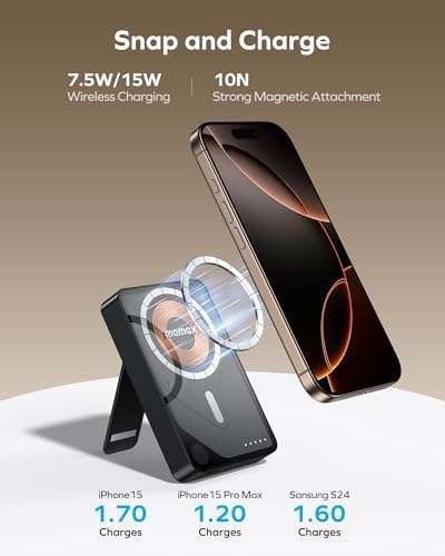 MOMAX 10000 m Ah Magnetic Power Bank – Wireless Portable Charger with 20 W Fast Charging for i Phone 15/14/13/12 Series – Built-in USB-C Cable & Stand for Enhanced Convenience and Versatility – Ultimate Solution for On-the-Go Charging