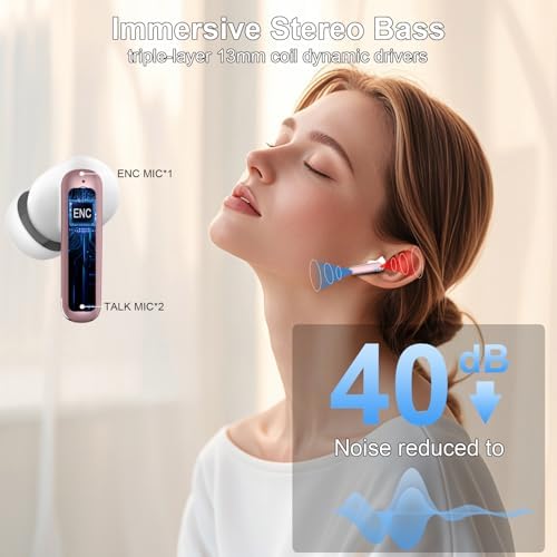 Nerunsa Elite Rose Gold Wireless Earbuds – Cutting-Edge Bluetooth 5.4 with Enhanced ENC Noise Cancellation, 45-Hour Playtime, Dynamic Hi-Fi Sound & Deep Bass, IP7 Waterproof for Ultimate On-the-Go Listening Experience