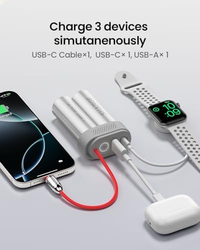 Ultra-Fast 30 W 10000 m Ah Power Bank with Built-in USB-C Cable – Compact Portable Charger for i Phone 16/15, Galaxy S24, i Pad, and More – Triple Device Charging for On-the-Go Convenience – Quick Recharge in 3.5 Hours – Sleek Gray Design for Enhanced Compatibility and Speed