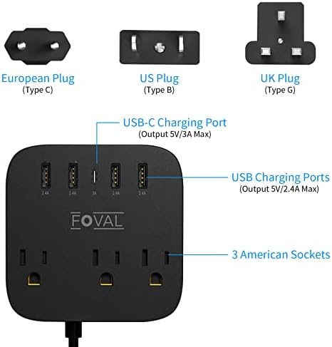 FOVAL European Travel Plug Adapter with 4 USB Ports and 3 AC Outlets – Compact Wall-Mount Power Strip with 5 ft Extension Cord for Ultimate Travel Convenience and Home Office Versatility (Black)