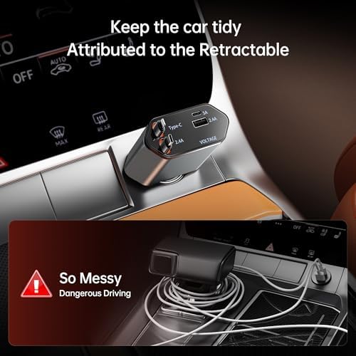 GUSGU 100 W Retractable Car Charger – Versatile 4-in-1 Fast Charging Solution with 2.6 ft Tangle-Free Cord, Lightning & USB-C Adapters – Universal Compatibility for All Devices in Sleek Silver Design – Stay Powered On-The-Go