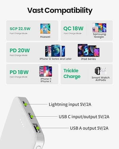 Ultra-Compact 5000 m Ah 18 W PD Fast Charging Power Bank – Versatile Mini Portable Charger with Dual USB-C and Lightning Inputs for i Phone 15/14, Samsung Galaxy & More – Seamless Multi-Device Charging Solution for On-the-Go Power Needs