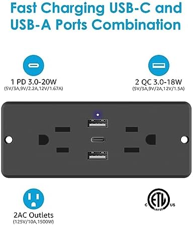 Transform Your Space with HHSOET 5-in-1 Recessed Power Strip – Flat Plug Design Featuring 20 W Fast Charging, 2 AC Outlets, 3 USB Ports (Including USB-C), and 6 ft Power Cord for Effortless Connectivity in Home Offices and Conference Rooms – Elevate Your Charging Efficiency and Aesthetic Appeal
