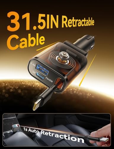 Ultra-Compact 72 W Retractable Car Charger – PD 45 W Fast Charging for i Phone 15/16, Samsung S25/S24 & Pixel – Space-Saving USB C Adapter for Convenient On-the-Go Power Solutions