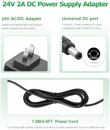 High-Performance 24 V 2 A Power Supply Adapter: Versatile 48 W AC to DC Converter for LED Strips, CCTV Cameras, and Printers – 4.9 FT Cable with Dual Barrel Plug Compatibility (5.5 x 2.5 mm & 2.1 mm) – Universal Input 100 V-240 V for Safe and Consistent Power Delivery – Essential Power Solution for Home and Professional Use with Enhanced Safety Features