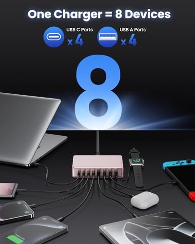 200 W Ga N IV USB-C Charging Hub: 8-Port Fast Charging Station with PD 65 W for Laptops, i Phones, i Pads, and Steam Deck – Compact & Efficient Power Adapter in Striking Red for Ultimate Device Versatility