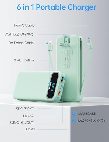 Ultra-Compact 12000 m Ah Power Bank with Built-in Charging Cables & AC Plug – 20 W PD Fast Charging for i Phone, Samsung, Android, USB-C Devices – Travel-Friendly External Battery Pack in Purple – Unmatched Portability and Efficiency for On-the-Go Charging Solutions