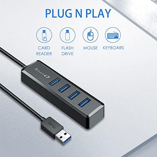 Smart Q H302 USB 3.0 Hub – 4-Port Connectivity Solution with Long Cable Options for Seamless Data Transfer up to 5 Gbps, Micro-B Charging for All Devices, Includes USB C Adapter – Boost Your Productivity & Versatile Workspace Efficiency