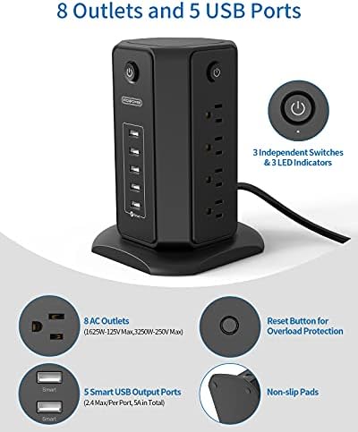 10 ft NTONPOWER Power Strip Tower with 8 Outlets & 5 USB Ports – Premium Surge Protector with Individual Switches, 1080 Joules Protection, 13 A Circuit Breaker – Ideal for Home Office & Entertainment Setup, Sleek Black Design for Ultimate Convenience
