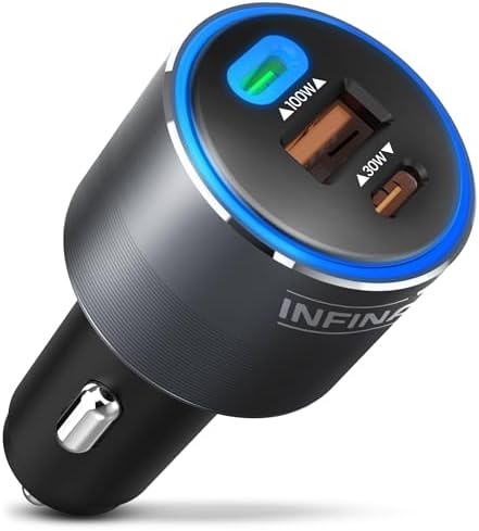 Infina Core 130 W USB Car Charger – Ultra-Fast Multi-Port USB-C & USB-A Vehicle Power Adapter – Essential On-the-Go Charging Solution for Phones, Tablets, Laptops – Universal Compatibility with i Phone, Samsung & More – Compact Design for Effortless Portability
