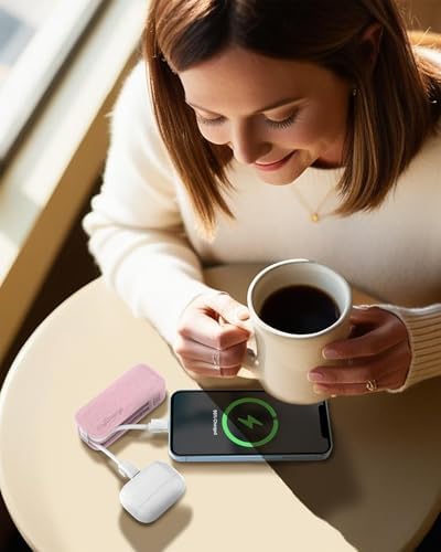 Compact Pink my Charge Power Hub Mini Portable Charger – 3000 m Ah Fast Charging Power Bank with Built-in Lightning & Type C Cables for On-the-Go Charging – Turbo USB C Technology for Enhanced Compatibility and Efficiency