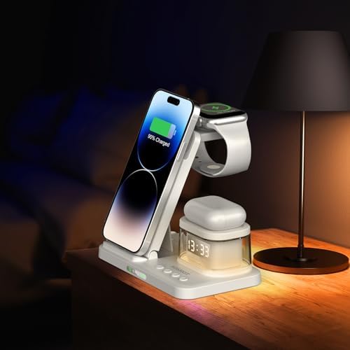 Elevate Your Charging Game: 5-in-1 Foldable Wireless Fast Charger with Integrated Night Light & Transparent Clock for Apple Devices – Ideal for i Phone 16/15/14/13/12/11 Pro Max, Apple Watch, and Air Pods – Sleek Green Design for Ultimate Portability and Style