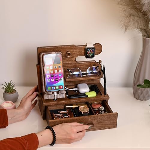 TESLYAR Wood Phone Docking Station with Drawer – Nightstand Organizer – Desk Organizer for Husband – Birthday Gifts for Men, Dad, Anniversary Idea, Key Holder Stand Watch & Accessories (Bourbon Brown) – Enhanced Compatibility and Speed
