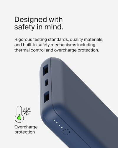 Belkin 20000 m Ah USB-C Power Bank – Dual USB-A Ports, Fast 15 W Charging for i Phone 16/15 Plus, Samsung Galaxy S25, Pixel, i Pad, Nintendo Switch 2 – Travel-Friendly Design in Pearl Blue for Enhanced Device Compatibility and On-the-Go Power