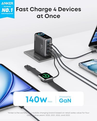 Anker 140 W Ga N Multi-Device Fast Charger – Quad-Port USB-C Rapid Charging Hub for Mac Book, i Phone 16, Samsung Galaxy & Pixel – Advanced Active Shield 2.0 Safety System – High-Definition Display for Real-Time Charging Insights – Ultimate Convenience for Tech Enthusiasts