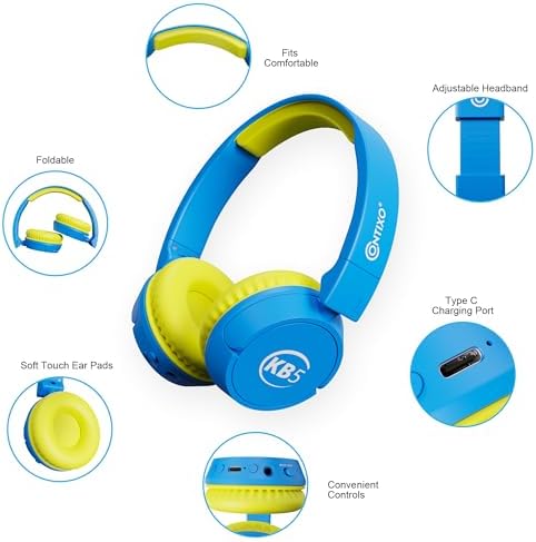 Contixo KB-5 Safe Listening Bluetooth Headphones for Kids – Foldable Over-Ear Design with 85 d B Volume Limiting – Stylish Pink & Blue Headphones for Comfortable Listening – Effortless Wireless Pairing with All Devices for Young Music Enthusiasts