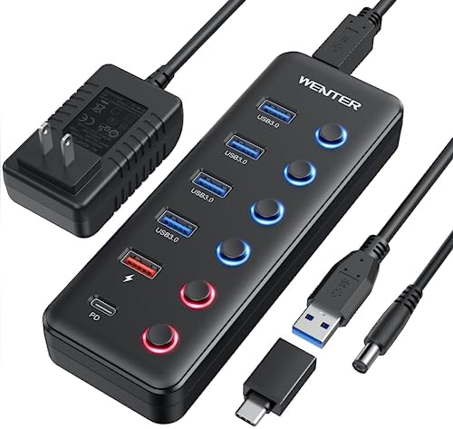 Maximize Your Connectivity with the Wenter 5-Port USB 3.0 Hub – Fast Data Transfer and Type-C Charging Hub for Mac & PC, Featuring Individual LED Switches for Power Management and Enhanced Performance