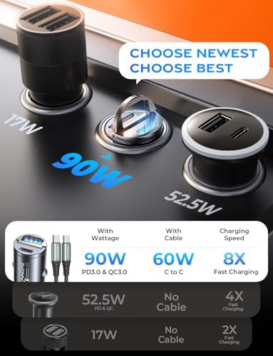 AINOPE 90 W Ultra-Fast Compact Car Charger with Dual USB-C Ports – Innovative Invisible Design for Seamless Integration in Vehicles, Perfect for Samsung Galaxy S25/S24 Ultra Plus & i Phone 16/15/14/13/12 Pro Max – Enhance Your Charging Experience on the Go