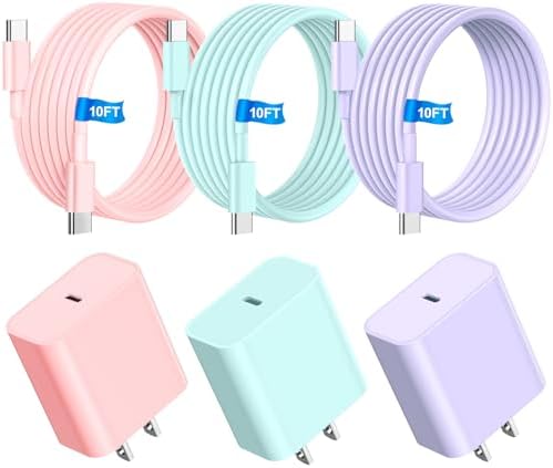 Revolutionary 3-Pack 20 W USB-C Fast Chargers with 10 FT Cables in Elegant Pink, Purple, and White – Ultimate Compatibility for i Phone 15/16 Pro/Max/Plus – Experience Lightning-Fast Charging and Stylish Convenience for All Your Power Needs