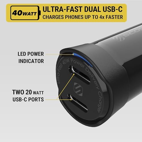 Scosche M Power Volt 40 W Dual Port USB-C Car Charger – Fast Charging Adapter for i Phone, Galaxy & All USB-C Devices, Flush Cigarette Lighter Design, Sleek & Compact Automotive Power Solution for On-the-Go Convenience