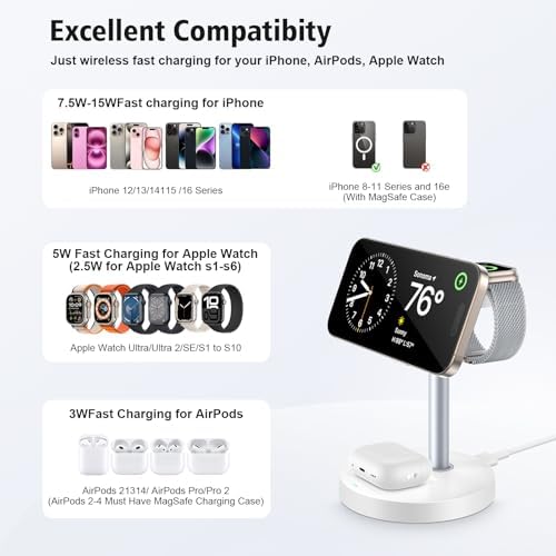 Revolutionize Your Charging Experience with the Mag-Safe 3-in-1 Wireless Charging Station – Fast 15 W Magnetic Charger for i Phone 12-16, Apple Watch, and Air Pods – Sleek Black Design Perfect for Nightstands and Desks – Ideal Gift for Tech Enthusiasts – Enhanced Compatibility for Effortless Power Management