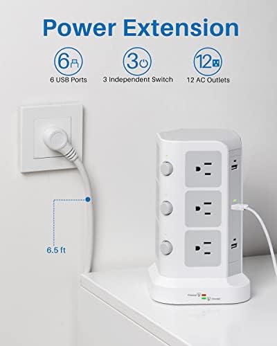 KOOSLA Power Strip Tower – 12 AC Outlets & 6 High-Speed USB Ports with 15 A Surge Protection – 6.5 ft Heavy-Duty Extension Cord for Home Office & Dorm Room – Compact Design for Efficient Power Distribution – Versatile Charging Station for Multiple Devices