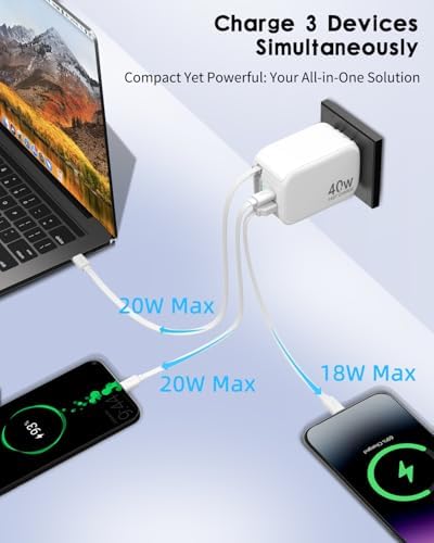 40 W Retractable Wall Charger with 35.4-Inch Lightning Cable – Fast Charging Solution for i Phone 14, i Pad, Pixel, and Galaxy – 3-Port USB-C Charging Block with Compact Foldable Plug for Ultimate Portability and Enhanced Compatibility