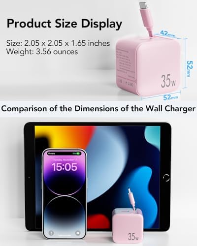 Rapid 35 W Ga N USB Wall Charger with Retractable Lightning Cables – Portable and Sleek Charging Solution for i Phone 14/13/12 & i Pad – Tangle-Free Design for Effortless Travel and Enhanced Compatibility with Apple Devices