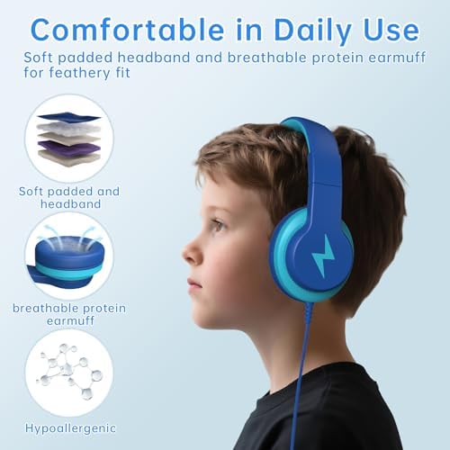 Unleash Your Child’s Potential with Premium USB-C Over-Ear Headphones – Crisp HD Audio, Safe Volume Control for Young Ears, Perfect for Learning and Adventure, Compatible with i Pads, PCs, Tablets – Stylish Foldable Design in Eye-Catching Blue for Ultimate Comfort and Engagement