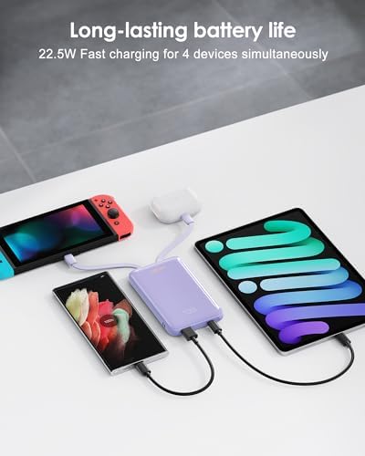10000 m Ah Portable Power Bank with Built-in Cable – 22.5 W PD Fast Charging, Compact & Lightweight Charger for Apple, Samsung, Google, Motorola – Sleek Grey Design for On-the-Go Convenience and Enhanced Compatibility