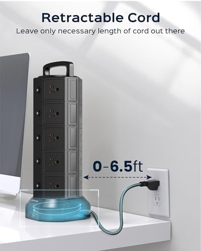 JACKYLED 20-Outlet Power Strip Tower Surge Protector with 6 Fast USB Ports – 1050 Joules Safety Shield, 13 A Desktop Charging Station with 6.5 ft Heavy-Duty Cord, Elegant Black Walnut Design for Home, Office & Garage Use – Ultimate Device Power Solution