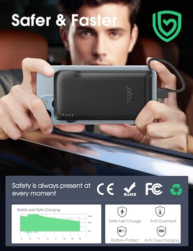 Ultra-Slim 10,000 m Ah TG90° Portable Power Bank with Built-in Lightning and USB-C Cables – Fast Charging, Lightweight Battery Backup for i Phone and Android Devices – Essential On-the-Go Charger for Busy Lifestyles
