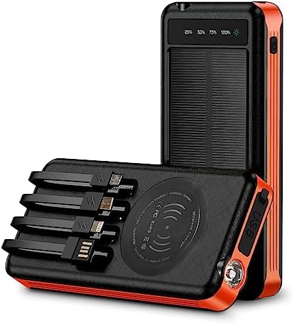Ultimate Outdoor Solar Power Bank – 10000 m Ah Waterproof & Dustproof Portable Charger with Built-in Cables, Wireless Charging, LED Flashlight & Digital Indicator for Adventure-Ready Performance and Fast Device Compatibility