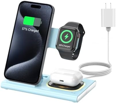 Ultra-Convenient 3-in-1 Foldable Wireless Charging Dock for Apple Devices – Rapid Power-Up Station for i Phone 16/15/14/13/12/11/X/XS, Apple Watch Series 10/9/8/7/Ultra2/Ultra/SE, and Air Pods Pro/2/3/4 – Lightweight Travel Charger with Integrated LED Light for Enhanced Portability and Efficiency