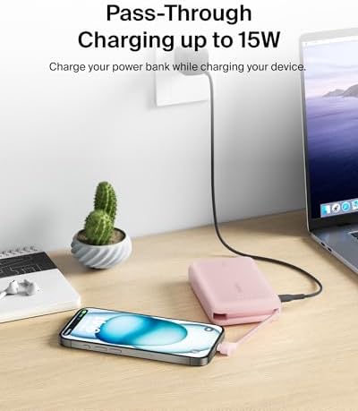 Belkin 10,000 m Ah Portable Charger – Fast Charge Power Bank with Integrated Cable for i Phone 16, i Pad Pro, Galaxy S25 – 20 W USB-C Power Delivery – Lightweight Pink Design for Ultimate Portability and Versatile Compatibility